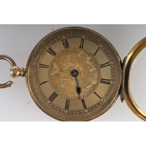 205 - 18ct yellow gold open faced pocket watch, the gold coloured dial with Roman Numeral chapter ring, 32... 