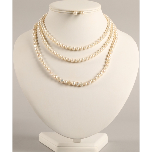 184 - Two pearl necklaces one with two 9ct gold clasps the other with yellow metal clasp and pair stud ear... 