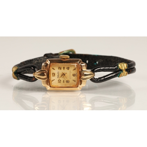 198 - 9ct gold cased Majex ladies wristwatch on leather strap, 10g