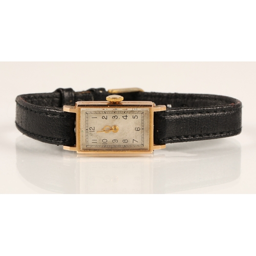 199 - 9ct gold cased ladies wristwatch on leather strap, 12g