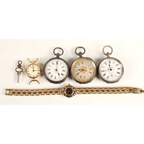 202 - Three silver ladies pocket watches gross weight 147g, with two wristwatches (one without strap)