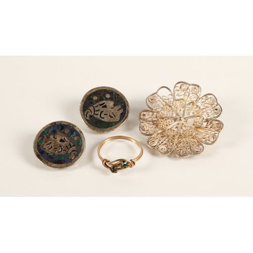 208 - Yellow metal ring set with green gems, pair Mexican 925 silver earrings, and silver filigree brooch