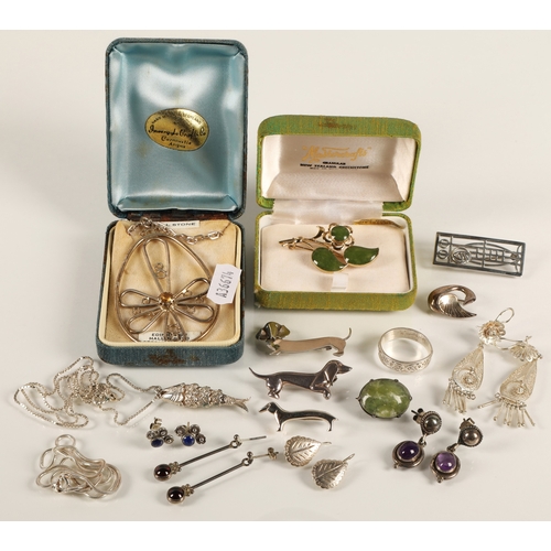 214 - Silver and white metal jewellery to include gem set, some hallmarked, necklaces, brooches, pendants,... 