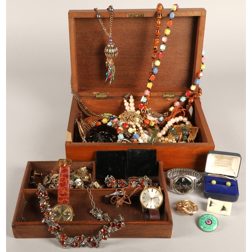 216 - Vintage costume jewellery, wristwatches, etc. in jewellery box