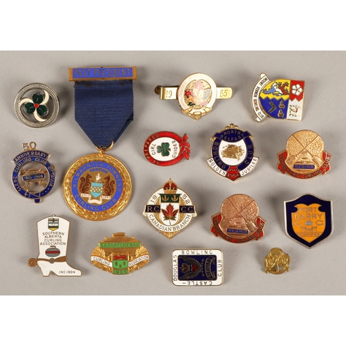 218 - Assorted enamel curling and bowling club badges