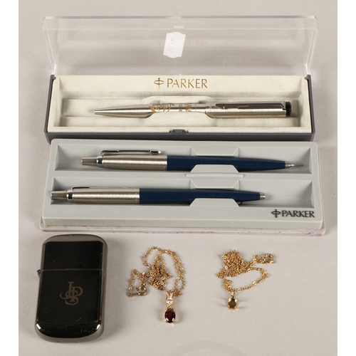 220 - Parker pens, JPS lighter, yellow metal necklace