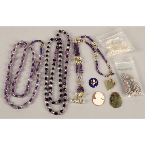 224 - Vintage glass and amethyst bead necklaces, loose cameos and pendants, etc.