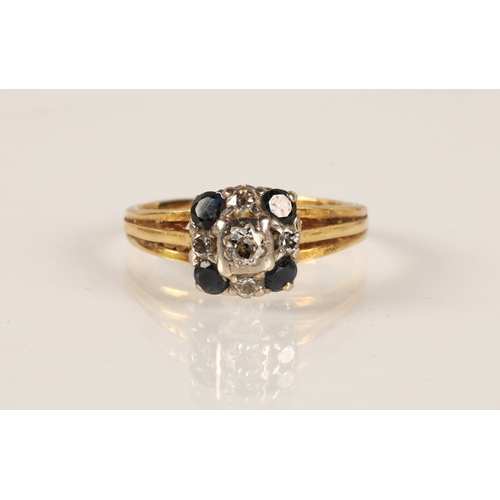 226 - Yellow metal ring indistinctly marked set with a cluster of diamonds and sapphires, ring size P, 5g