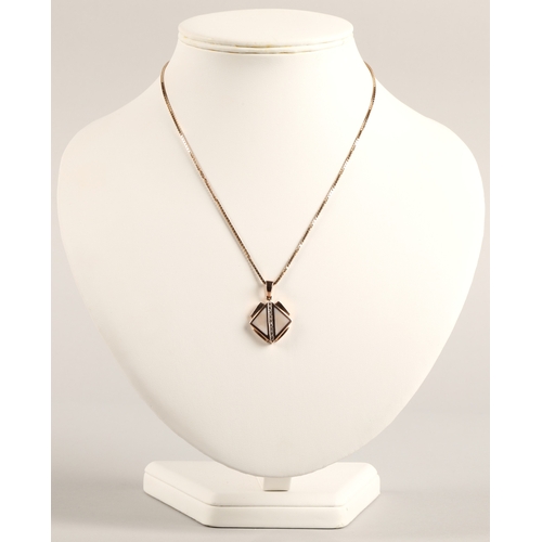 66 - Art Deco style 14K rose gold pendant on 9ct gold chain, the pendant inlaid with mother of pearl and ... 