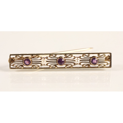 60 - Art Deco style 14k gold brooch and earrings set with amethyst and seed pearls, the brooch marked 14K... 