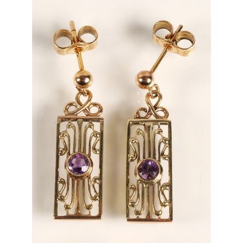 60 - Art Deco style 14k gold brooch and earrings set with amethyst and seed pearls, the brooch marked 14K... 