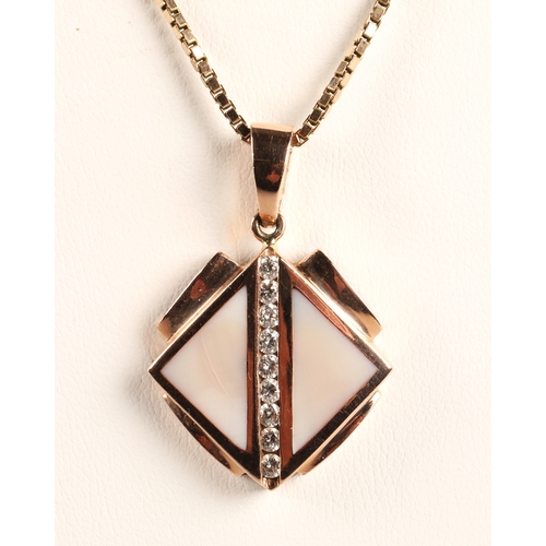 66 - Art Deco style 14K rose gold pendant on 9ct gold chain, the pendant inlaid with mother of pearl and ... 