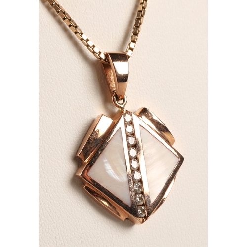 66 - Art Deco style 14K rose gold pendant on 9ct gold chain, the pendant inlaid with mother of pearl and ... 