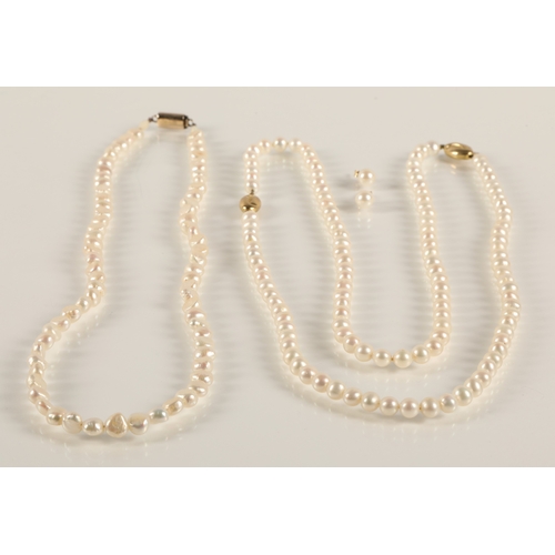 184 - Two pearl necklaces one with two 9ct gold clasps the other with yellow metal clasp and pair stud ear... 