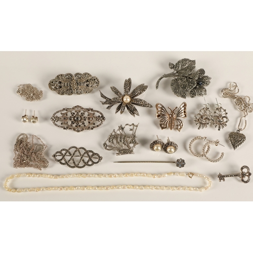 197 - Vintage jewellery mostly silver, marcasite, pearls, etc