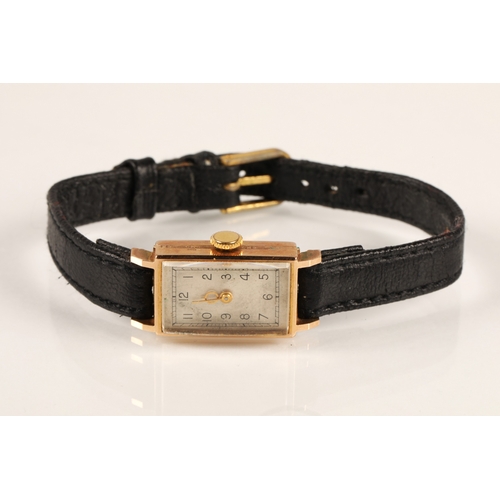 199 - 9ct gold cased ladies wristwatch on leather strap, 12g