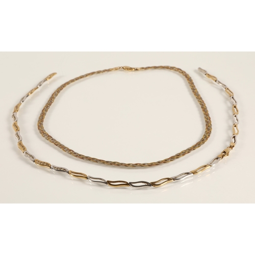 212 - 9ct gold necklace set with white gemstones and another 9ct, both damaged, gross weight 23.2g