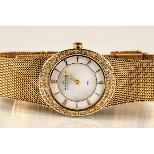 225 - Skagen Denmark ladies wristwatch, mother of pearl face surrounded by white gemstones