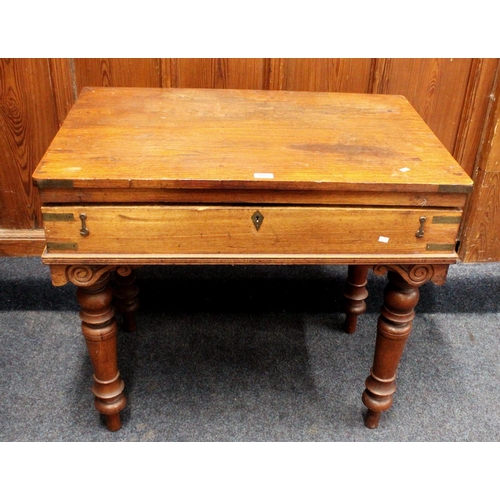 485 - Antique mahogany brass bound campaign table, the top opening to reveal a fitted interior, all raised... 