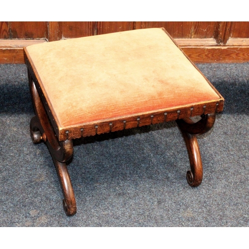 490 - 19th Century grained rosewood X frame stool with red slip in seat, 45cm x 39cm tall.