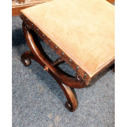 490 - 19th Century grained rosewood X frame stool with red slip in seat, 45cm x 39cm tall.
