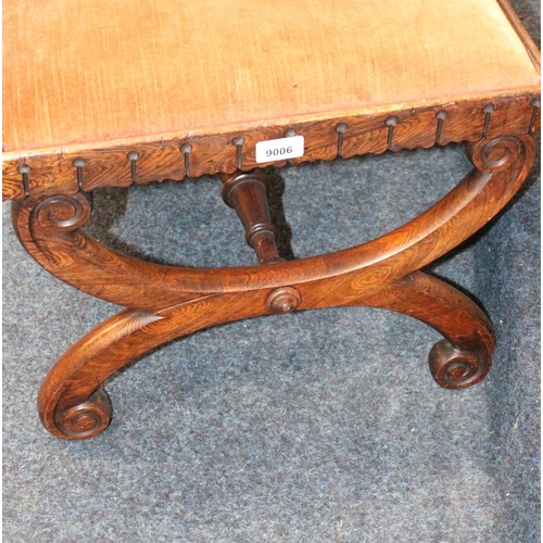 490 - 19th Century grained rosewood X frame stool with red slip in seat, 45cm x 39cm tall.
