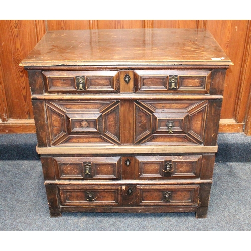 491 - 17th Century Cedar wood style chest, of Jacobean design, the drawers with block fronts, two short ov... 