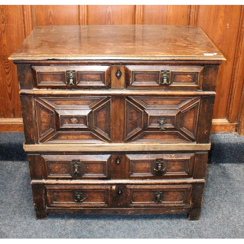 491 - 17th Century Cedar wood style chest, of Jacobean design, the drawers with block fronts, two short ov... 