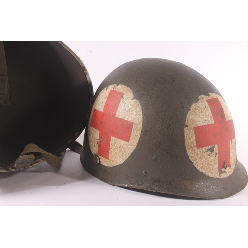 1788 - German M34 style steel helmet with painted medical red cross devices, complete with liner and leathe... 