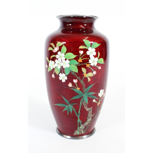 467 - Japanese Ginbari cloisonne enamel vase, late Meiji, decorated with polychrome blossom tree on a dimp... 