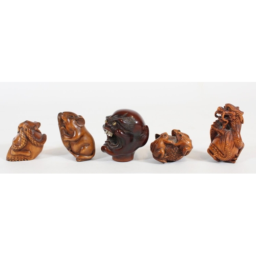 483 - Five Japanese carved boxwood Netsuke, Meiji Period, of a Oni head, Dragon, Mouse and Corn, Toads and... 