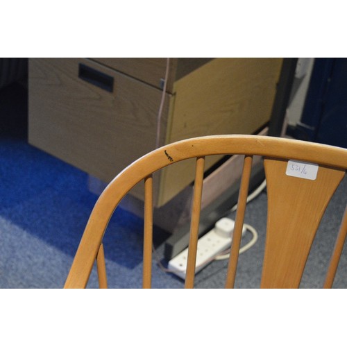 531 - Pair of Ercol elm and beech 'Cowhorn' chairs, 85cm high, and a pair of Ercol 'Quaker' chairs, c. 196... 