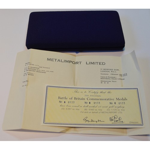 118 - Set of three 18ct gold medallions of graduated sizes, Battle of Britain 25th Anniversary, with certi... 