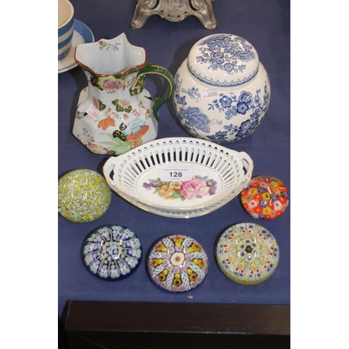 128 - Millefiori glass paperweights, Masons Ironstone jug, other china.