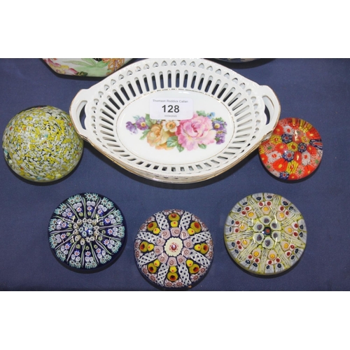 128 - Millefiori glass paperweights, Masons Ironstone jug, other china.