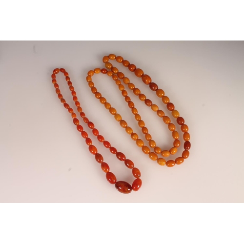 111 - Graduated strand of butterscotch amber beads, 83g and a similar stand of graduated beads, 33g.&nbsp;