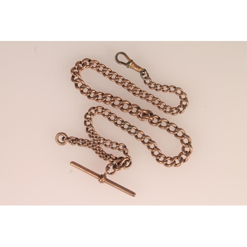 112 - 9ct rose gold graduated flattened curb link watch guard with 9ct gold t-bar and rolled gold dog toot... 