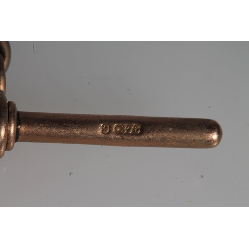 112 - 9ct rose gold graduated flattened curb link watch guard with 9ct gold t-bar and rolled gold dog toot... 