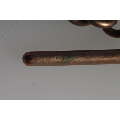 112 - 9ct rose gold graduated flattened curb link watch guard with 9ct gold t-bar and rolled gold dog toot... 