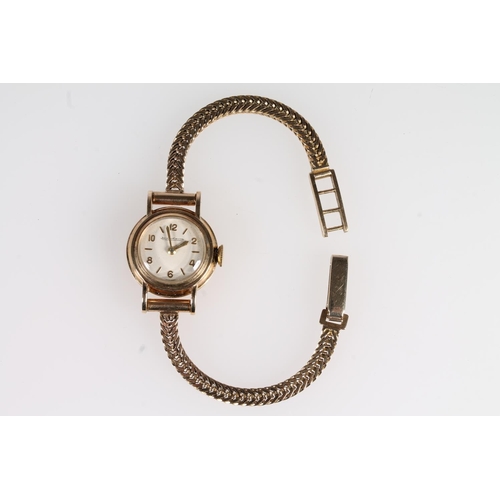 196 - Ladies 9ct gold Jaeger-Le Coultre wristwatch on 9ct gold strap, the dial with baton markers and alte... 