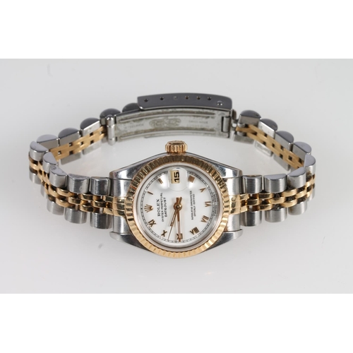 197 - Ladies Rolex Oyster Perpetual Datejust wristwatch, on yellow metal and stainless steel, model RS10, ... 