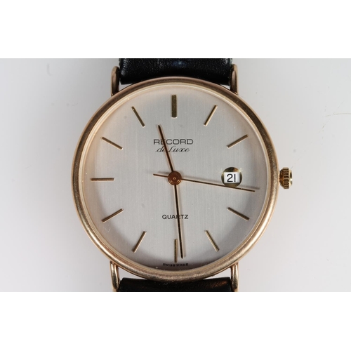 198 - Gents 9ct gold cased Record De Luxe quartz wristwatch, with date aperture at three o'clock, inscribe... 