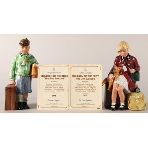 23 - Pair of Royal Doulton Children of the Blitz figurines, The Boy Evacuee HN3202 and The Girl Evacuee H... 