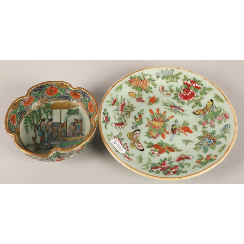 26 - Small Celadon Canton Chinese plate with butterfly, bird, and fruit motifs and character marks to bas... 