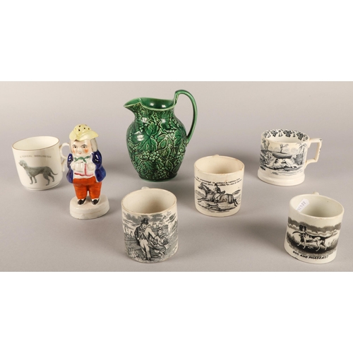 32 - Collection of five creamware mugs, a Wedgwood majolica grapevine jug, and a Staffordshire 'pepper po... 
