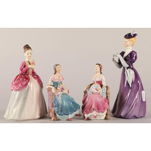 39 - Four figurines to include Francesca Bone China woman in purple and woman in pink floral, with Coalpo... 