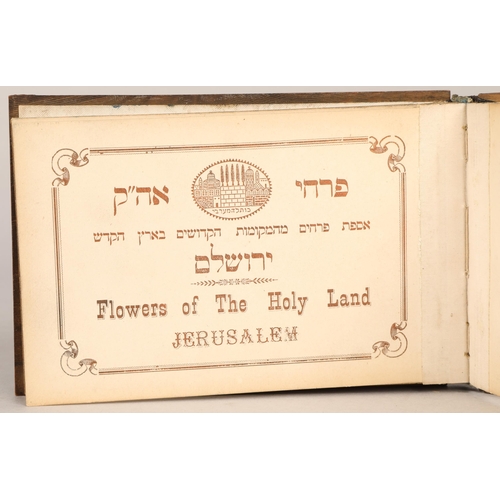 46 - Jerusalem 'Flowers of the Holy Land' vintage tourist travel souvenir book, bound in wood with marque... 