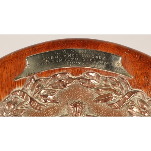47 - L. M. S. RLY Ambulance Brigade Grangemouth Section 1927 commemorative copper oak mounted plaque