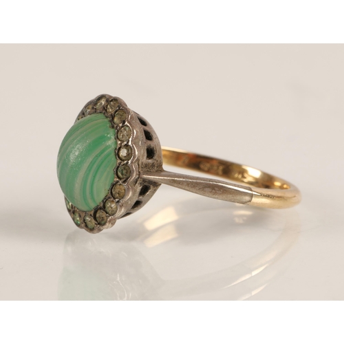 61 - 9ct gold and silver split-shank ring, set with a glass cabochon and white gems, ring size O/P, 3.4g
