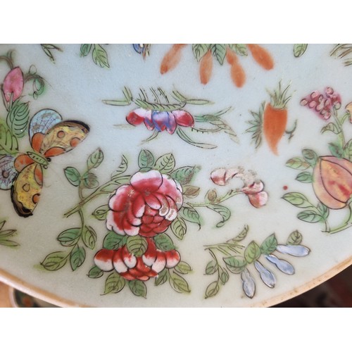 26 - Small Celadon Canton Chinese plate with butterfly, bird, and fruit motifs and character marks to bas... 